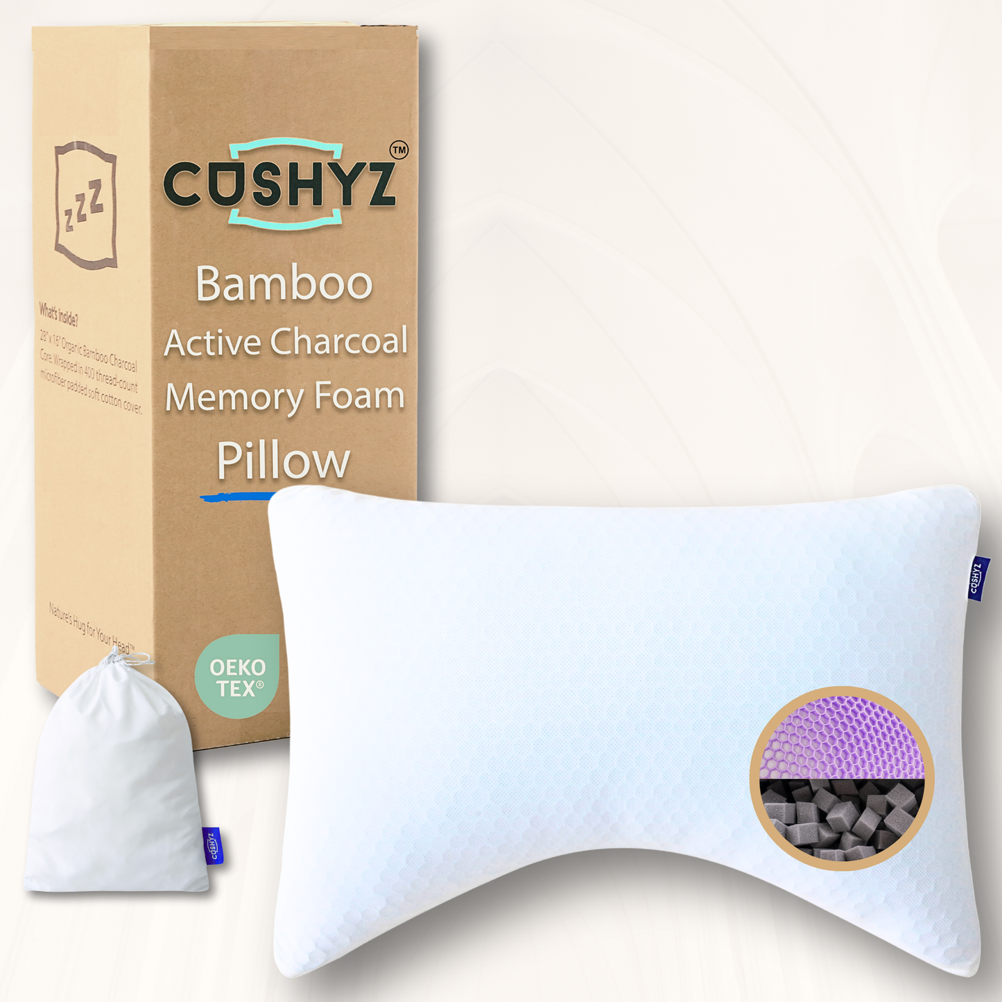 Cushyz bamboo active charcoal memory foam pillow with packaging on a white background, curved design, 28x20 inches