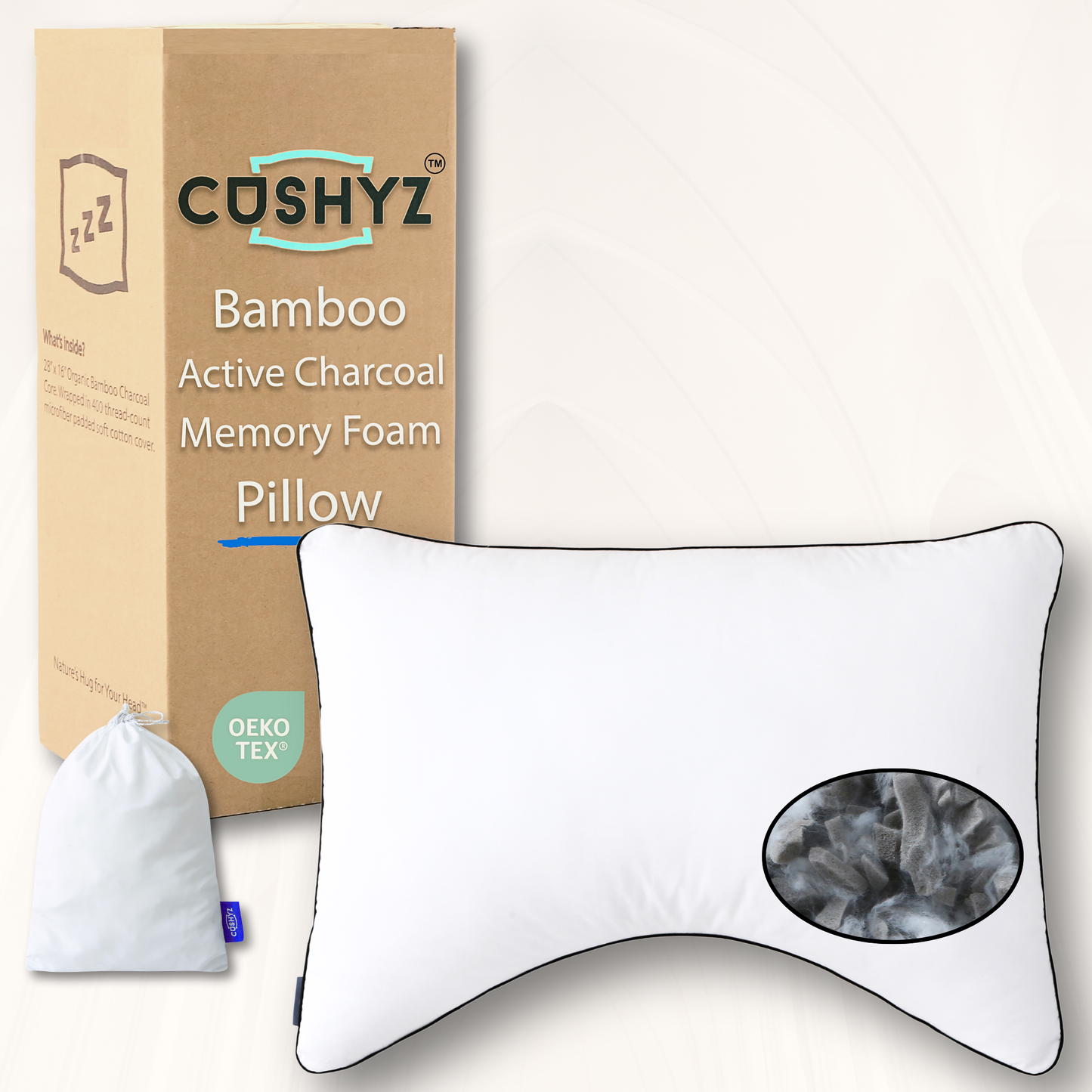 Cushyz Adjustable Bamboo Charcoal Memory Foam Pillow — Curve design, Gusseted edges, 400TC organic cotton cover with down-alternative padding