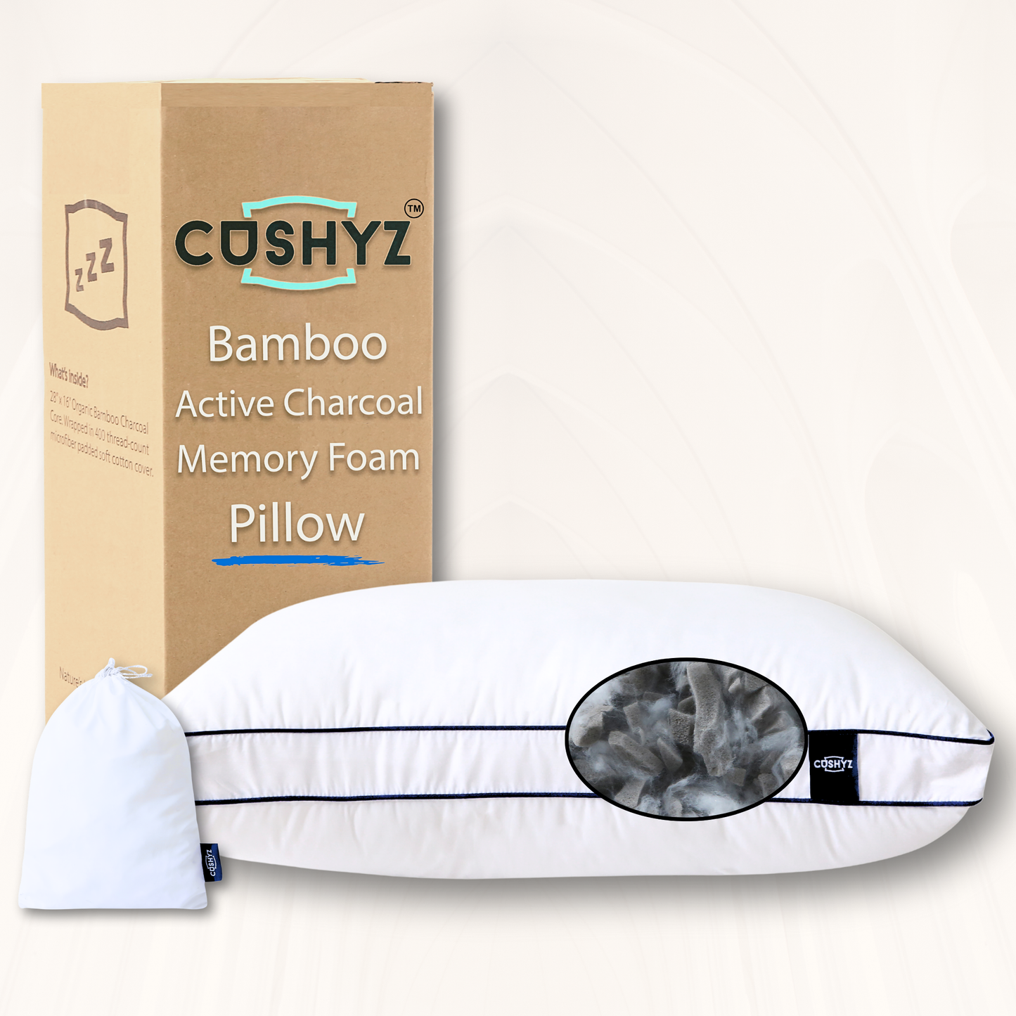 Cushyz Adjustable Bamboo Charcoal Memory Foam Pillow — Gusseted edges, 400TC organic cotton cover with down-alternative padding