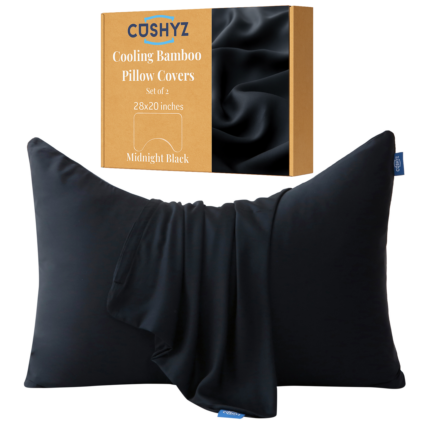 Curved Cushyz 28x20 inch black cooling bamboo pillow cover with zipper closure, breathable wrinkle-resistant fabric, shown with packaging