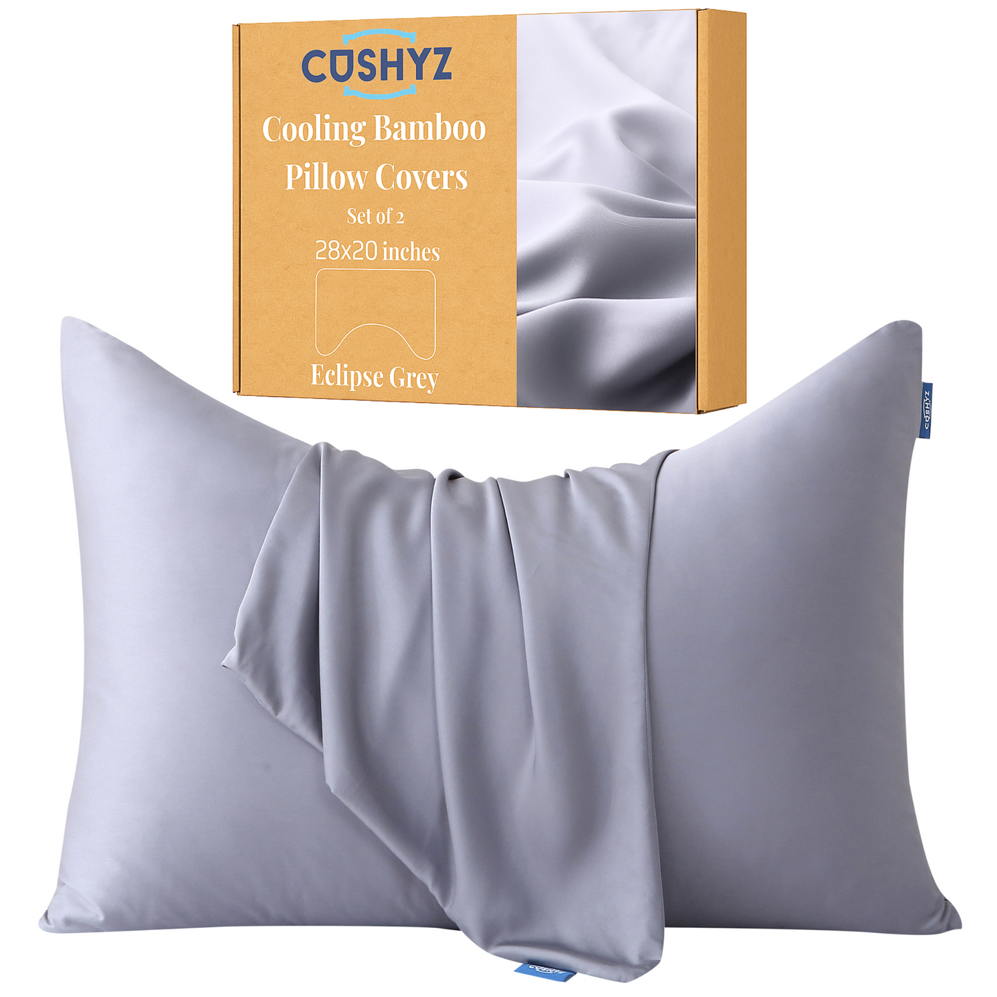 Curved 28x20 inch gray cooling bamboo pillow cover with zipper closure, breathable wrinkle-resistant fabric, shown with packaging