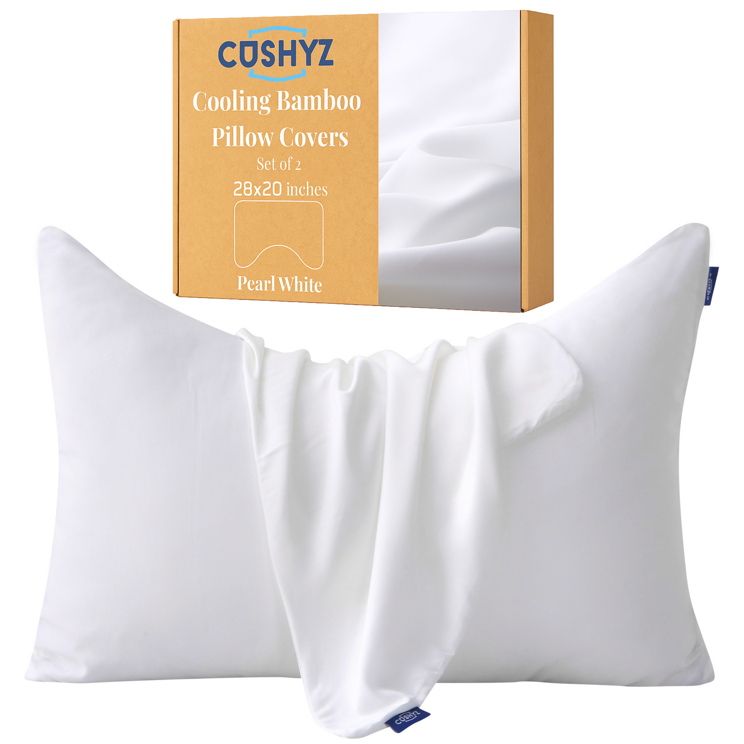 Curved Cushyz 28x20 inch white cooling bamboo pillow cover with zipper closure, breathable wrinkle-resistant fabric, shown with packaging