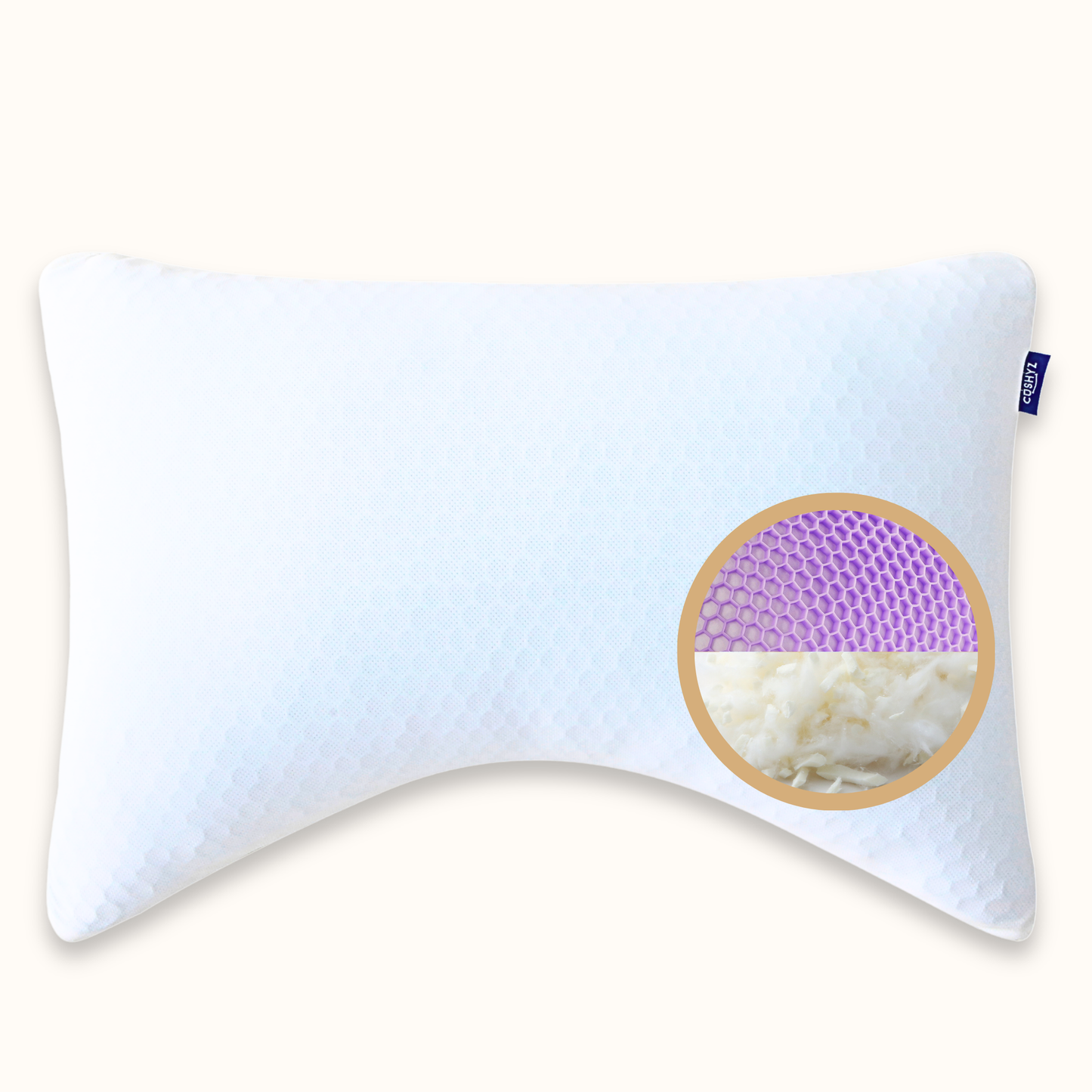 Cushyz Adjustable Organic Talalay Latex Pillow. Curved Pillow, 28x20 inches. 3D honeycomb cooling cover.