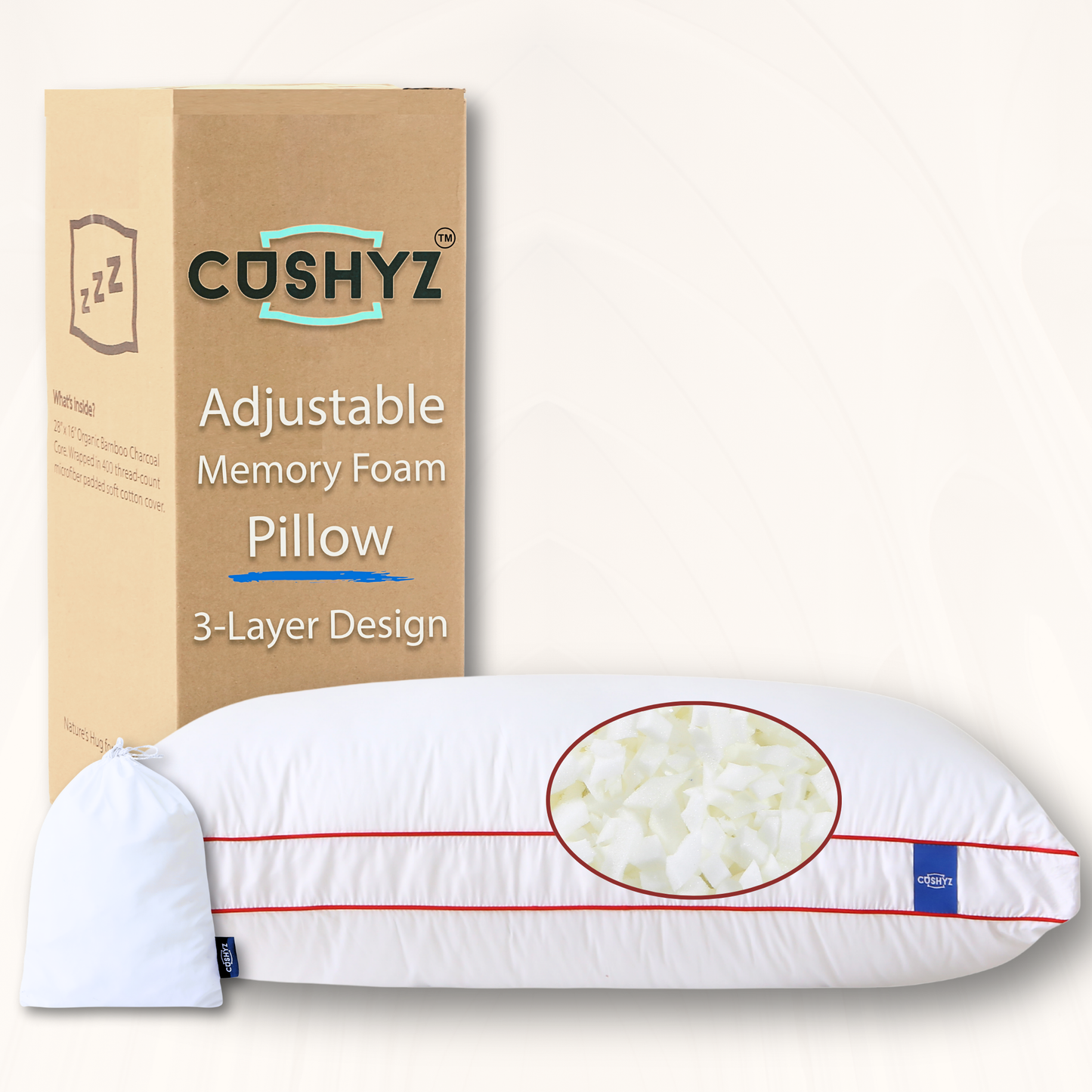 Cushyz Premium Adjustable Memory Foam Pillow. King 34x18, 1-pack, Rectangular, 400TC organic cotton cover, down-alternative