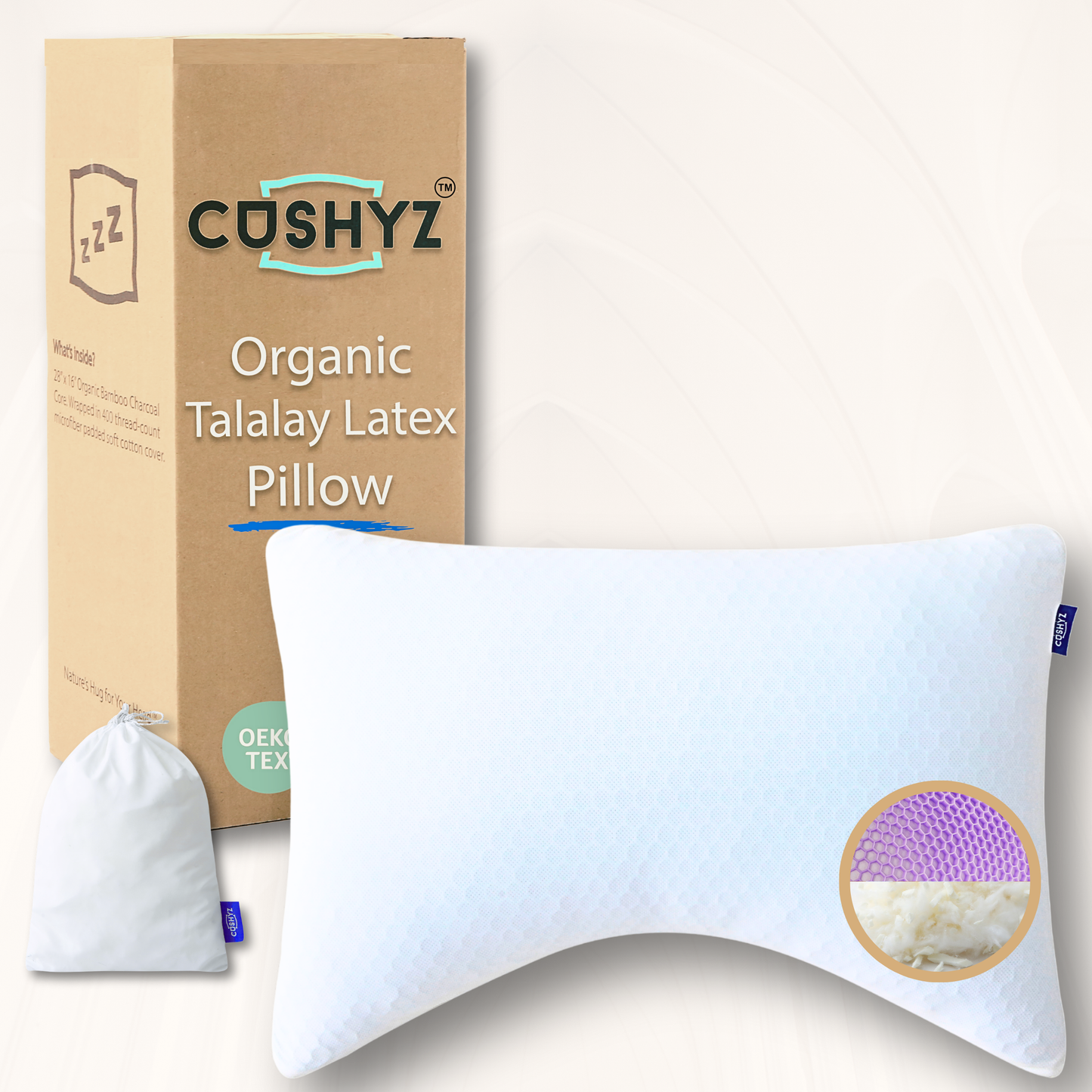 Cushyz Adjustable Organic Talalay Latex Pillow. Curved Pillow, 28x20 inches. 3D honeycomb cooling cover.