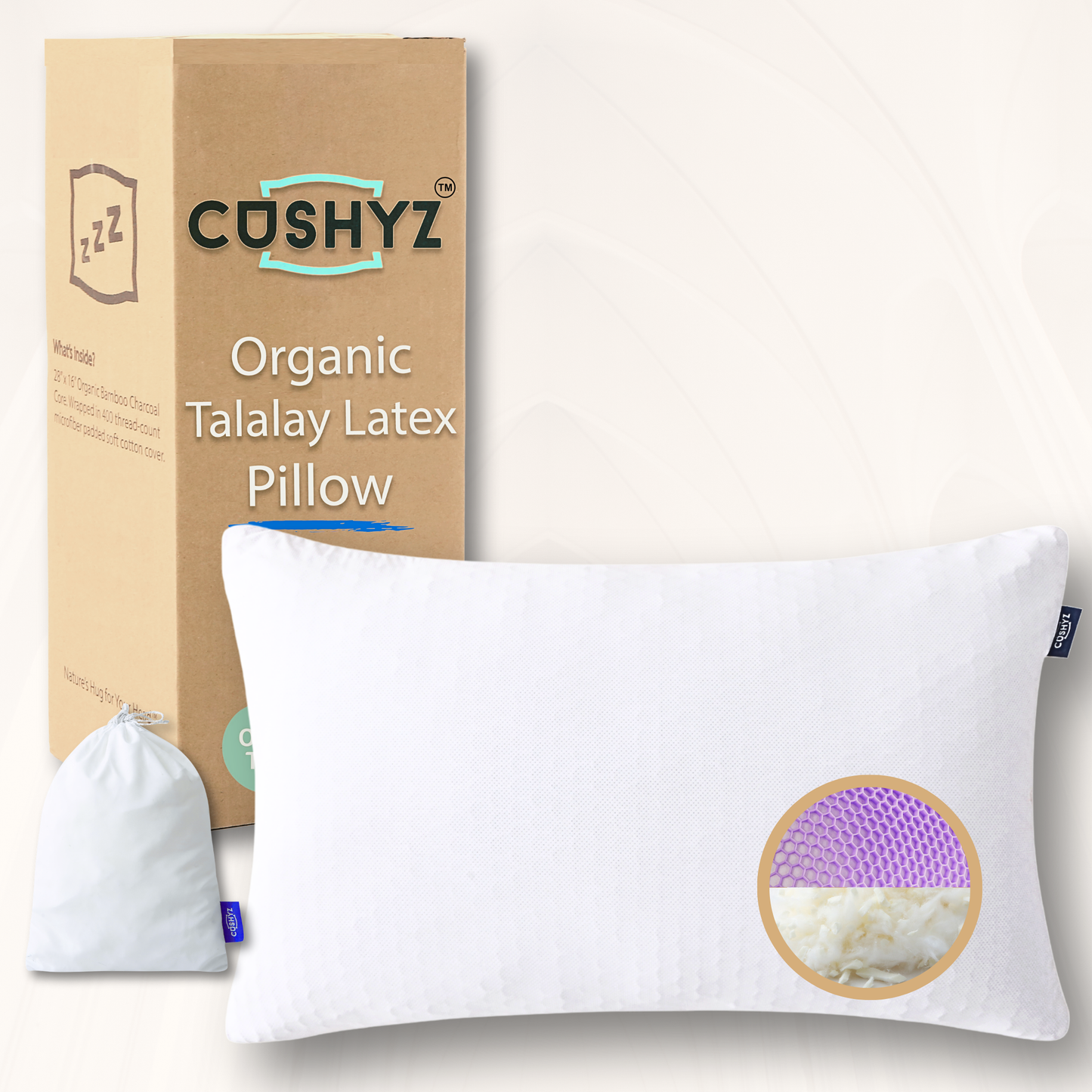 Cushyz Adjustable Organic Talalay Latex Pillow. Pillow 28x16 inches. 3D honeycomb cooling cover.