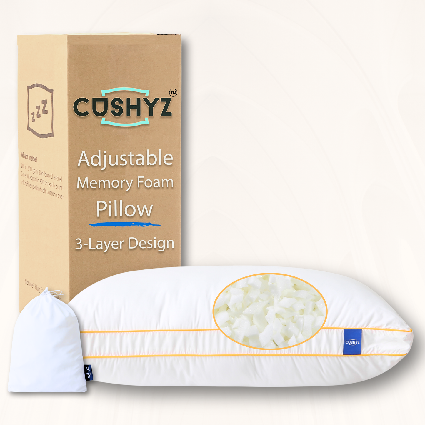 Cushyz Premium Adjustable Memory Foam Pillow. Queen 30x18, 1-pack, Rectangular, 400TC organic cotton cover,