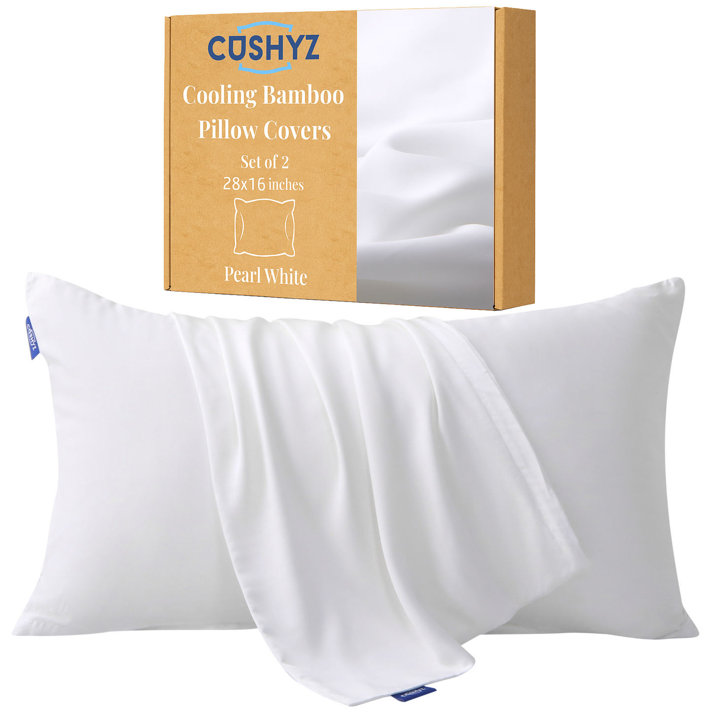Rectangular 28x16 inch white cooling bamboo pillow cover with zipper closure, breathable wrinkle-resistant fabric, shown with packaging