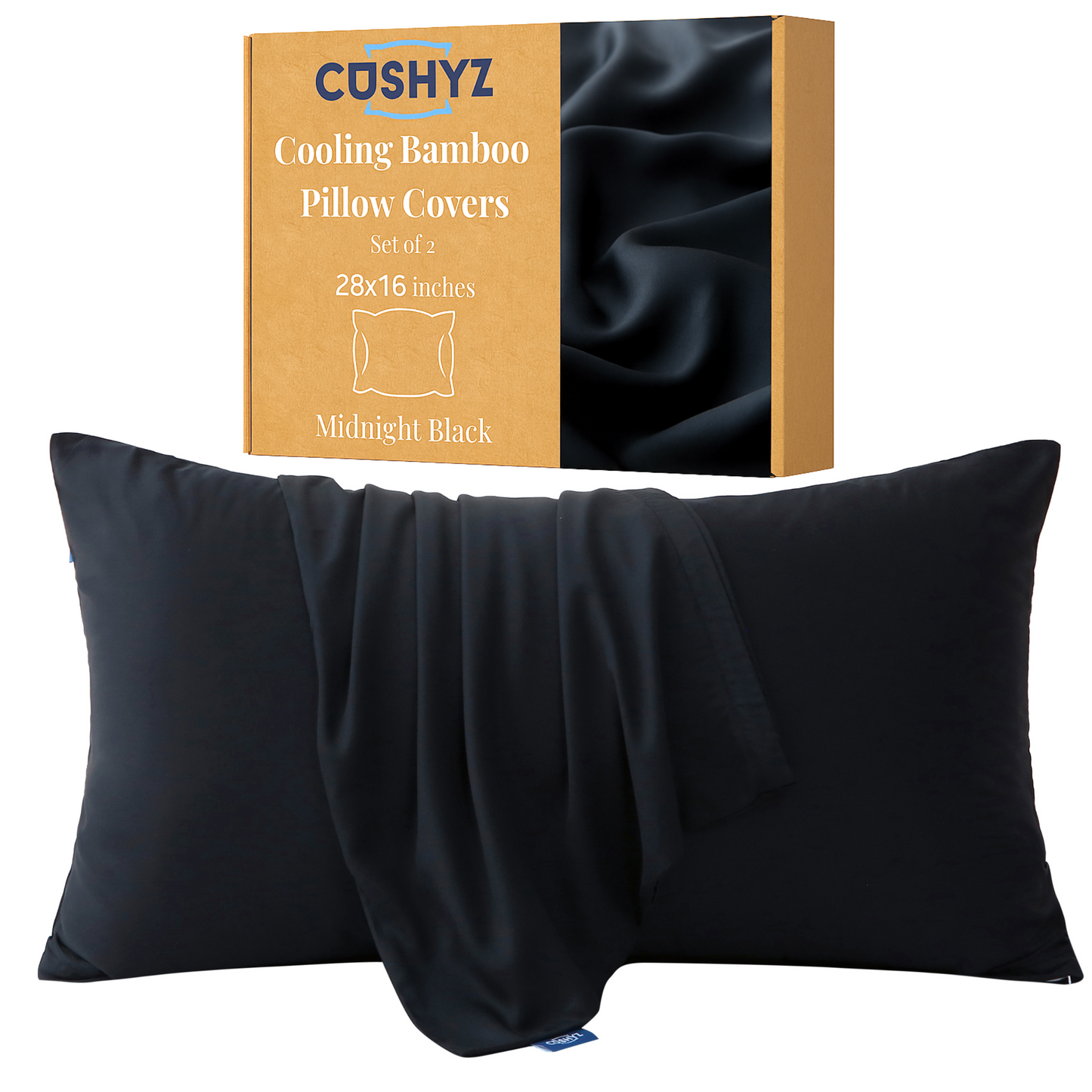 Cushyz 28x16 inch black cooling bamboo pillow cover with zipper closure, breathable wrinkle-resistant fabric, shown with packaging