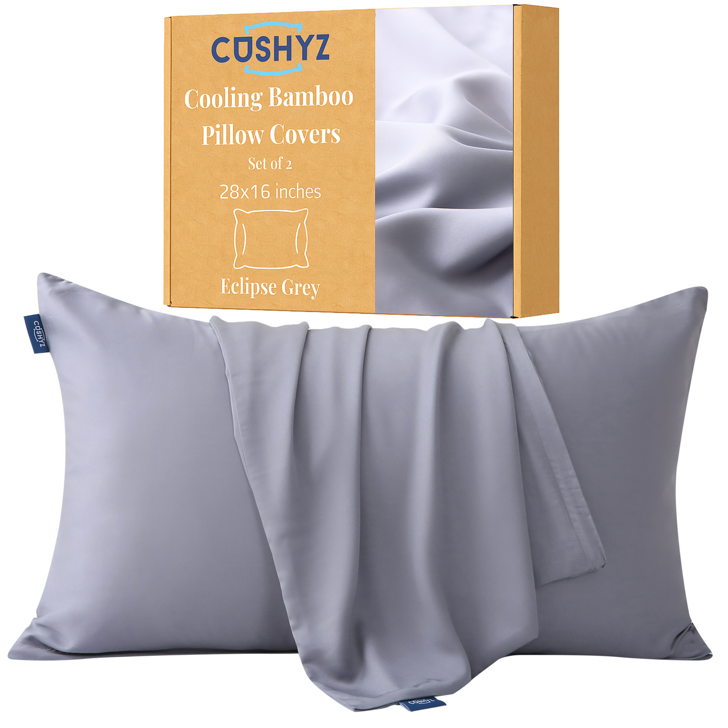 Rectangular 28x16 inch gray cooling bamboo pillow cover with zipper closure, breathable wrinkle-resistant fabric, shown with packaging