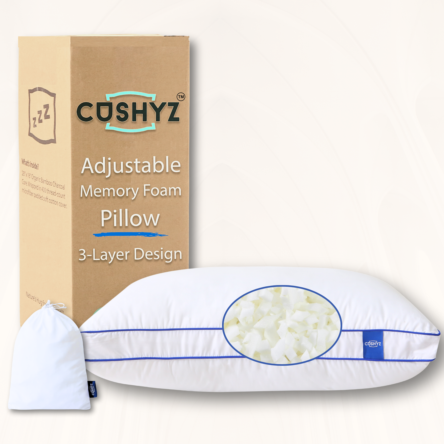 Cushyz Premium Adjustable Memory Foam Pillow. Standard 26x18, 1-pack, Rectangular, 400TC organic cotton cover,