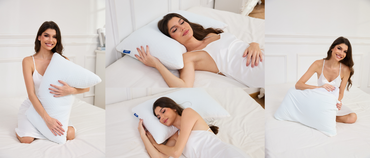 Woman resting in different sleep positions on a bed using the Cushyz Organic Latex Pillow with a breathable honeycomb cover.