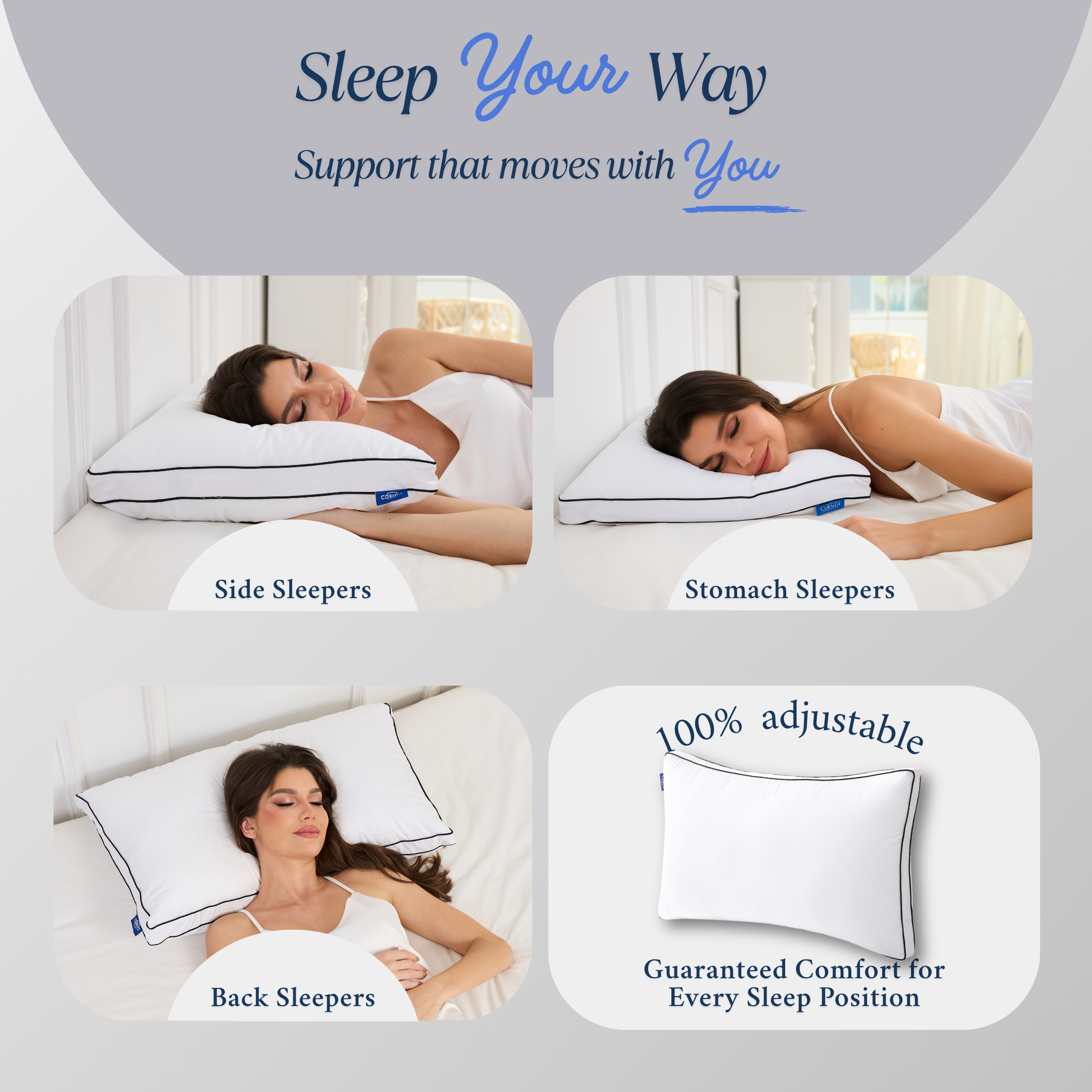 Woman sleeping on Cushyz Adjustable Charcoal Memory Foam Pillow for neck pain relief and spinal alignment, suitable for side, back, and stomach sleepers. Pillow with organic cotton 400 thread count with down-alternative padding.