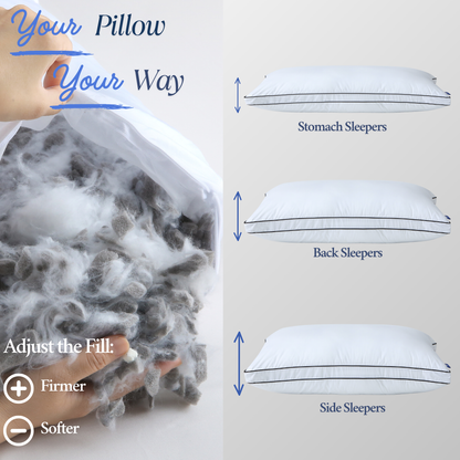 Cushyz Premium Adjustable Bamboo Charcoal Memory Foam Pillow with gusseted side design, offering adjustable loft, customizable firmness and height, suitable for stomach, back, and side sleepers.