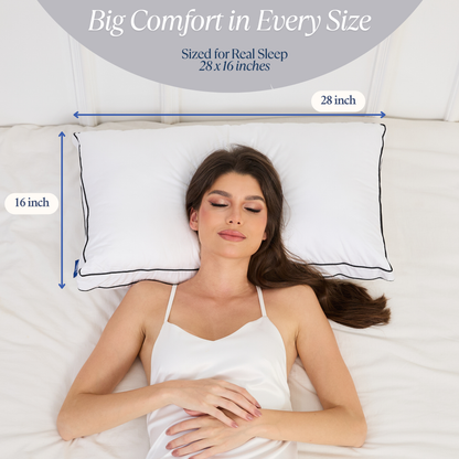 Woman sleeping on a Cushyz Adjustable Bamboo Charcoal Memory Foam Pillow with plush 400 thread count organic cotton cover, showing size measurements on a white bed.