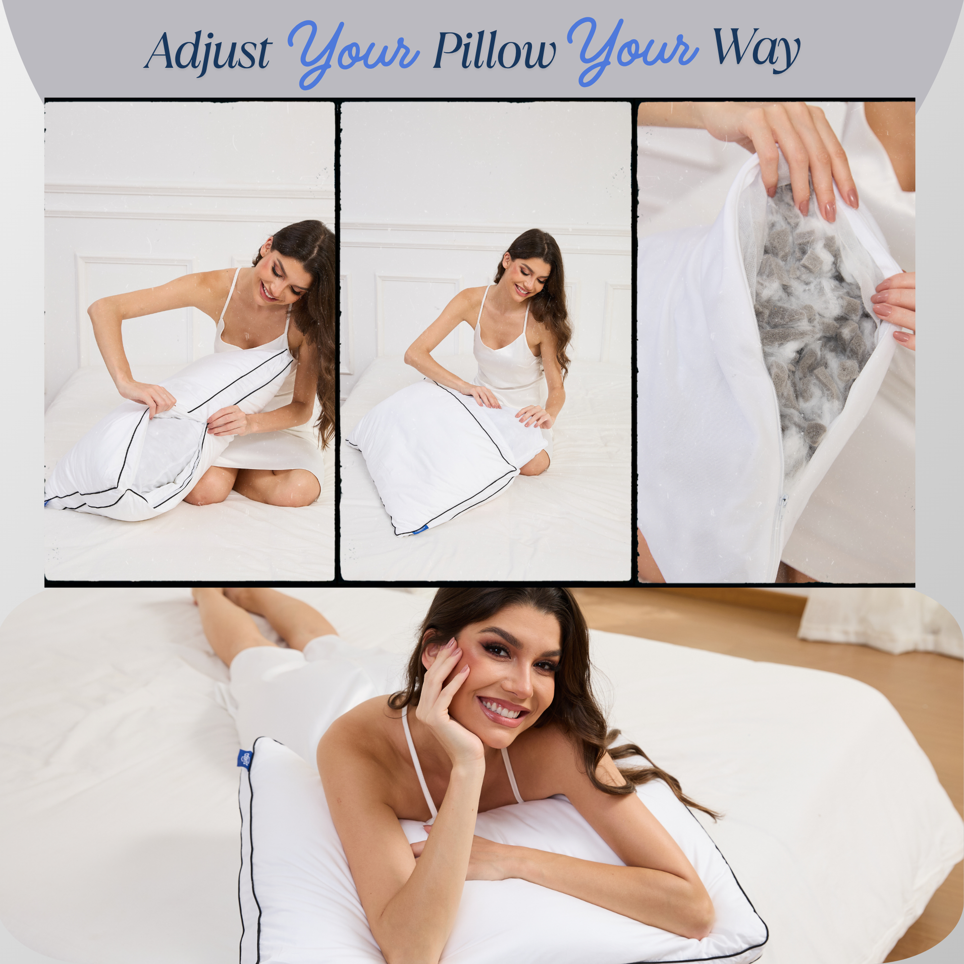 Woman adjusting a Cushyz Bamboo Charcoal Memory Foam Pillow with close-ups of packaging, cover texture, stitching, and in-bed use.