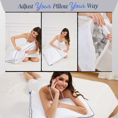 Woman adjusting a Cushyz Bamboo Charcoal Memory Foam Pillow with close-ups of packaging, cover texture, stitching, and in-bed use.