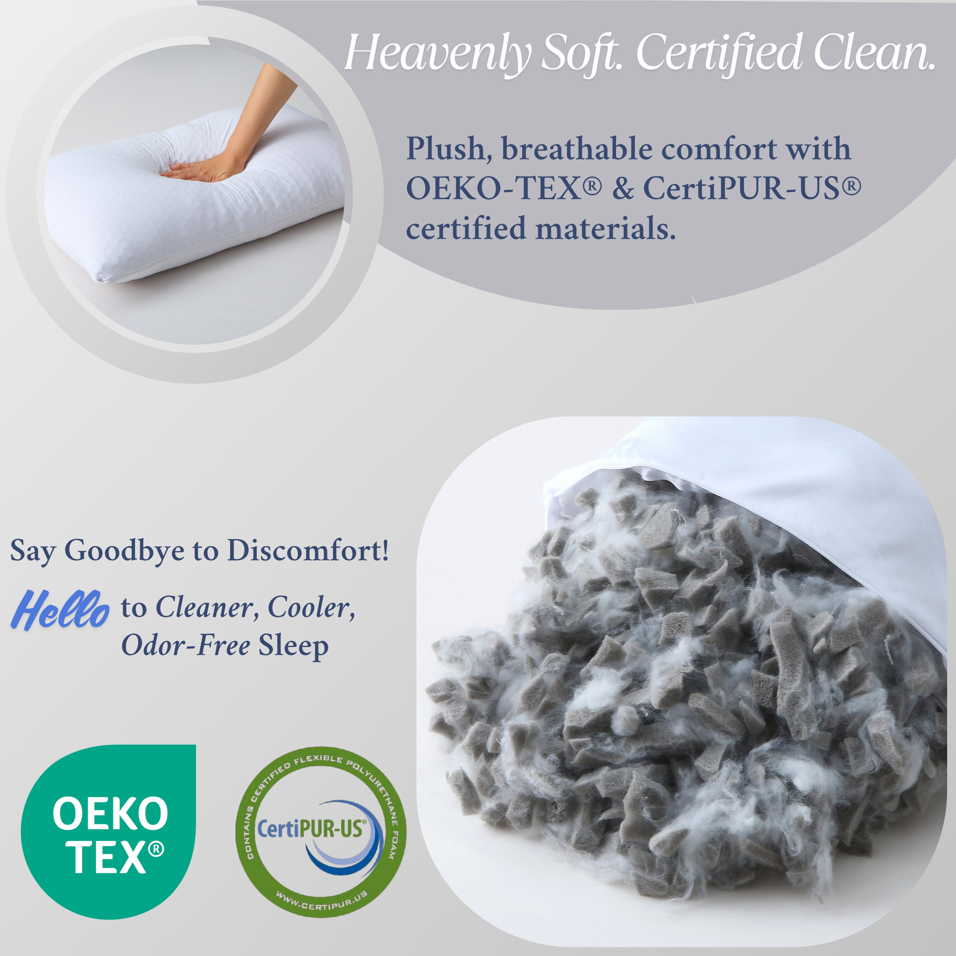 Premium Adjustable Curved Bamboo Charcoal Memory Foam Pillow, reusable extra fill pouch, and removable washable cover (bamboo charcoal memory foam pillow, good pillow). Plush, breathable comfort with OEKO-TEX and CertiPUR-US certified materials, featuring a close-up of fibers.