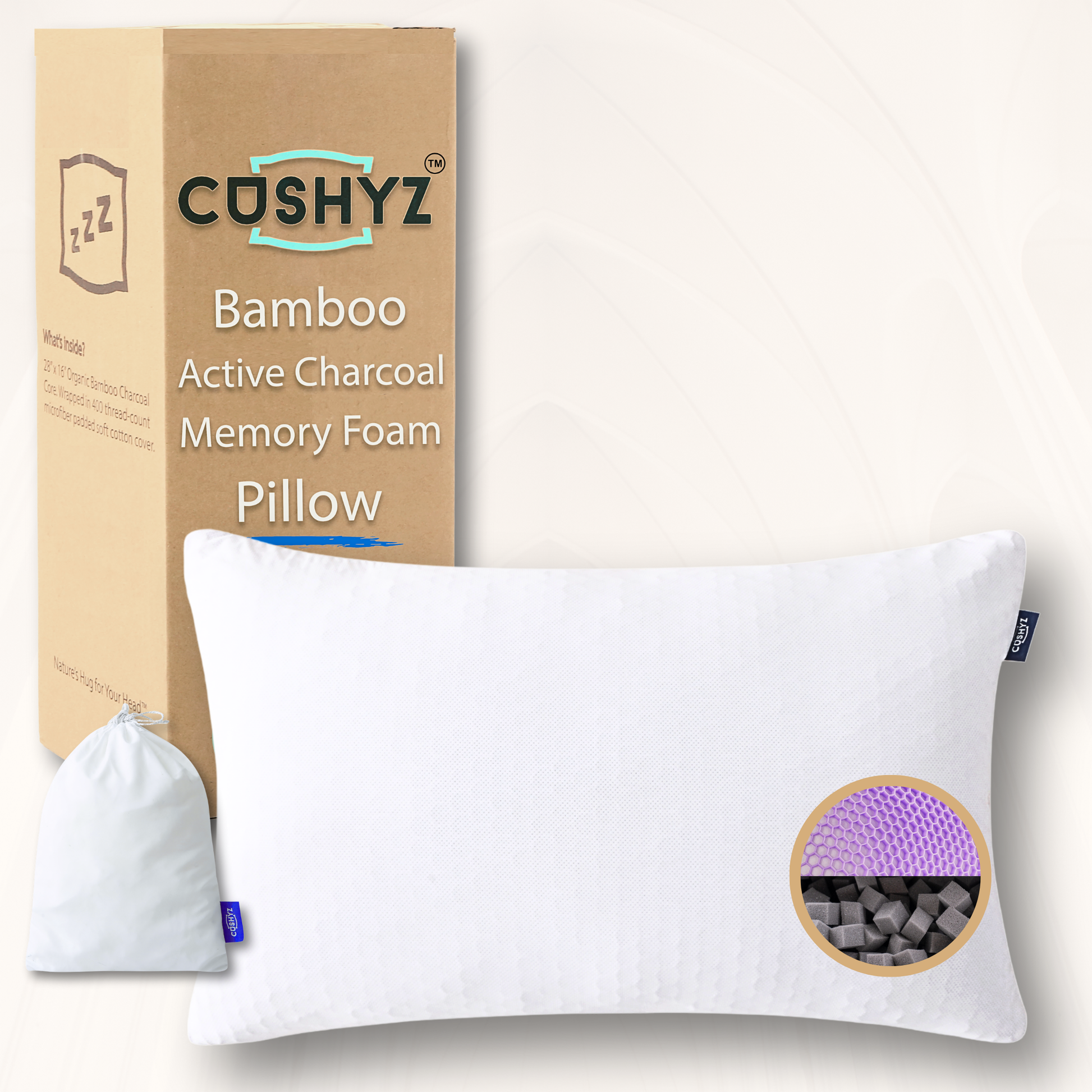 Cushyz Adjustable Bamboo Charcoal Memory Foam Pillow — Rectangular 28x16 inches, Honeycomb hex-grid cooling cover — Bamboo Charcoal