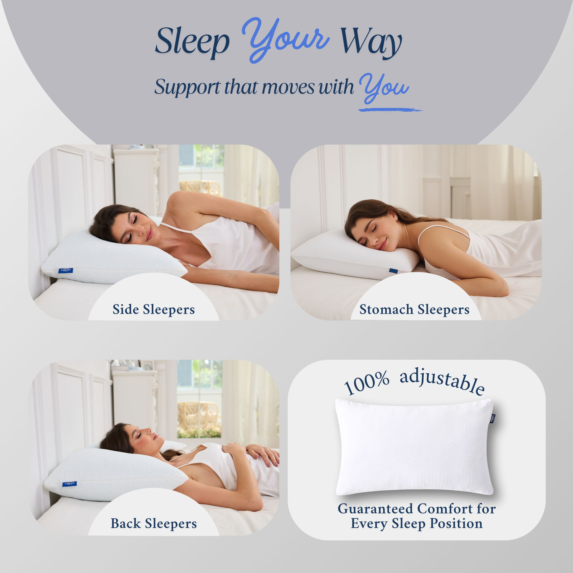 Woman sleeping on Cushyz Adjustable Charcoal Memory Foam Pillow for neck pain relief and spinal alignment, suitable for side, back, and stomach sleepers. Pillow with a 3D honeycomb breathable cover.