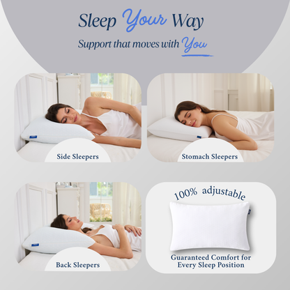 Woman sleeping on Cushyz Adjustable Charcoal Memory Foam Pillow for neck pain relief and spinal alignment, suitable for side, back, and stomach sleepers. Pillow with a 3D honeycomb breathable cover.