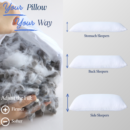 Premium Cushyz Adjustable Bamboo Charcoal Memory Foam Pillow with 3D honeycomb cooling cover, shown from side angle. Customizable loft and firmness for side, back, and stomach sleepers.