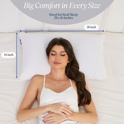 Woman sleeping on a Cushyz Adjustable Bamboo Charcoal Memory Foam Pillow with 3D cooling honeycomb cover, showing size measurements on a white bed.