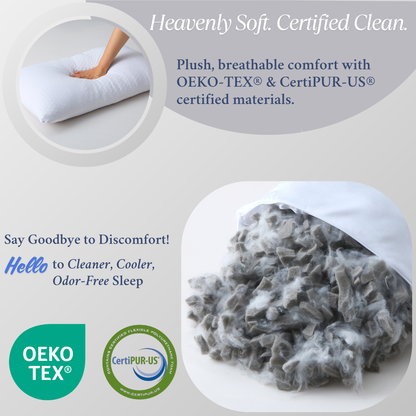 Premium Adjustable Bamboo Charcoal Memory Foam Pillow, reusable extra fill pouch, and removable washable cover (bamboo charcoal memory foam pillow, good pillow). Plush, breathable comfort with OEKO-TEX and CertiPUR-US certified materials, featuring a close-up of fibers.