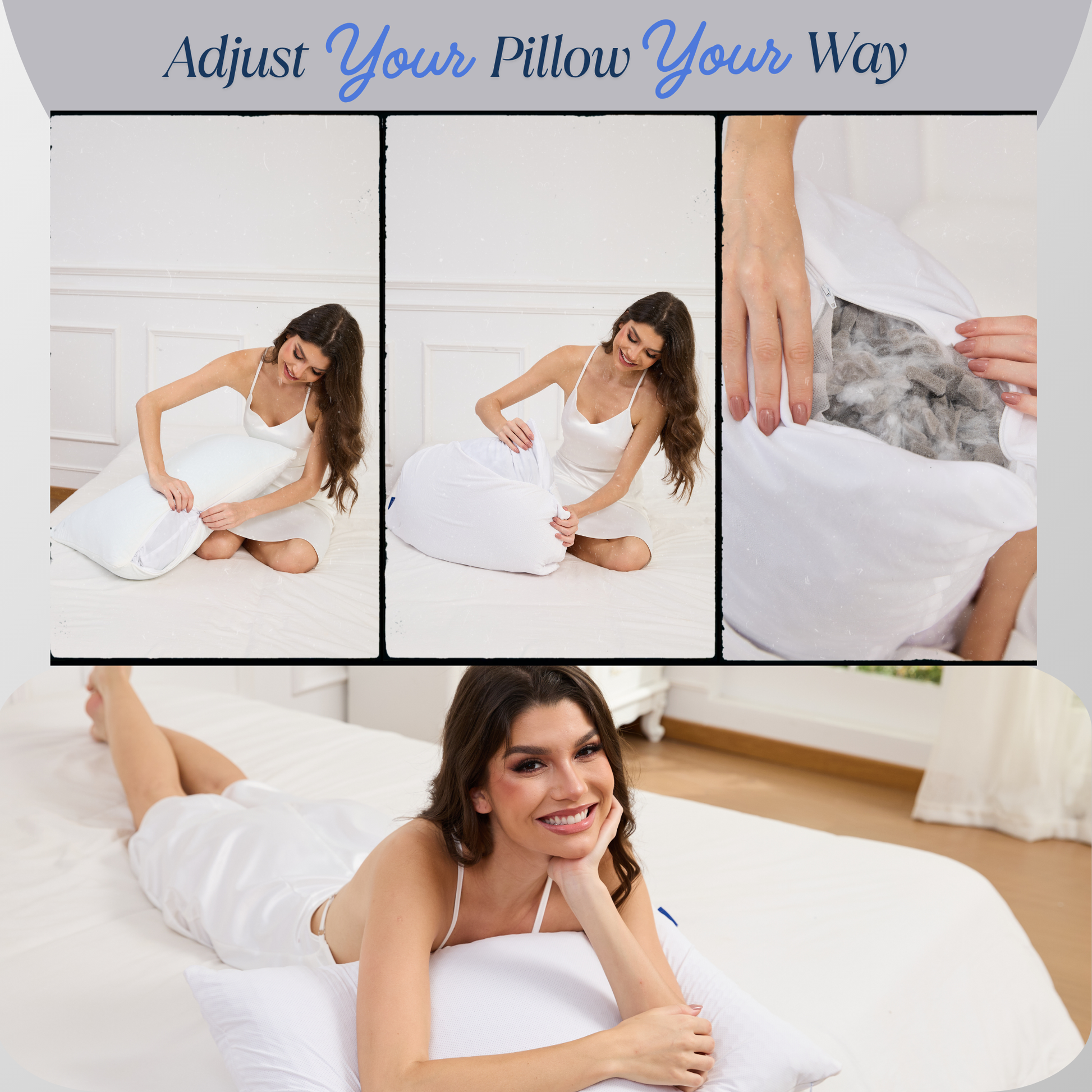Woman adjusting a Cushyz Bamboo Charcoal Memory Foam Pillow with 3D breathable honeycomb cover, featuring close-ups of pillow texture, stitching, packaging, and in-bed use.