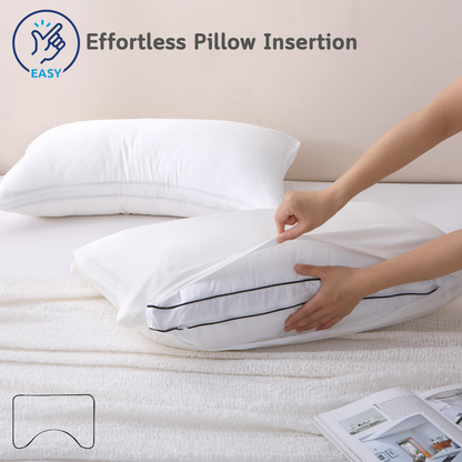 Person inserting a pillow into a white Cushyz bamboo cooling pillow cover on a bed, featuring a wide side opening for effortless pillow insertion and secure fit, labeled “EASY”.