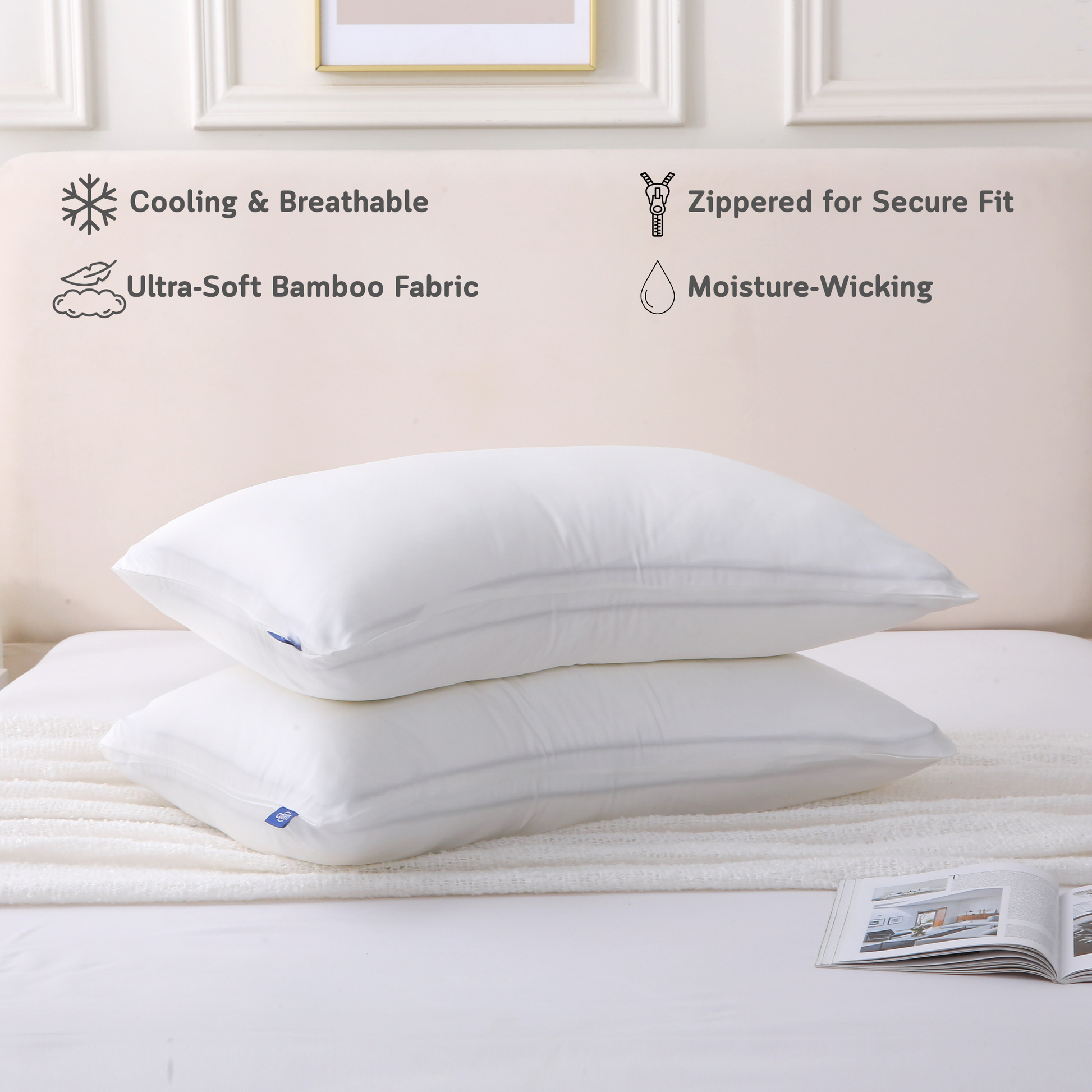 Two curved white Cushyz bamboo cooling pillow covers on pillows in a minimalist bedroom setting, labeled with features: cooling and breathable, ultra-soft bamboo fabric, hidden zipper for secure fit, and moisture wicking.