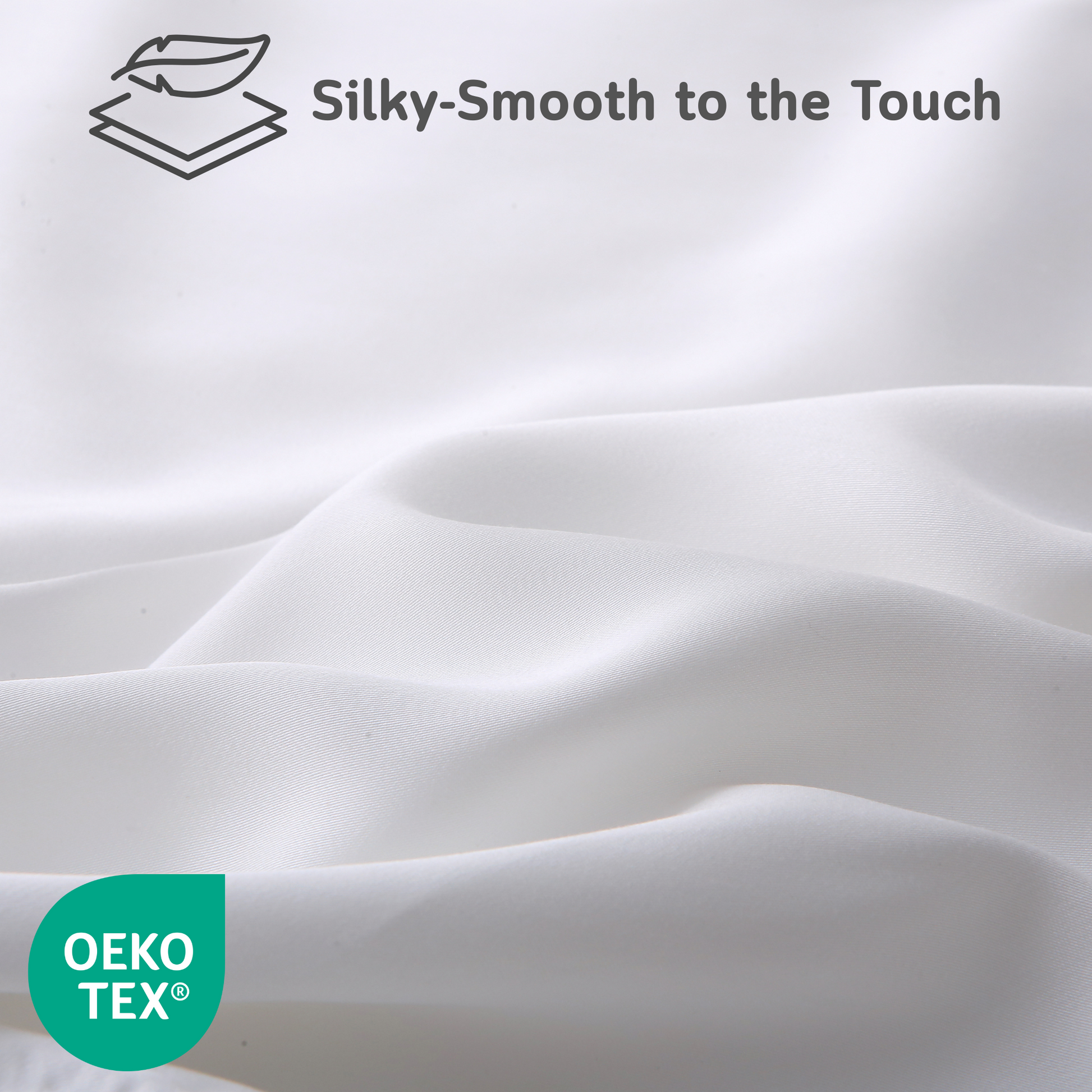 Close-up of white Cushyz bamboo cooling pillow cover with silky-smooth fabric texture, labeled “Silky-Smooth to the Touch” and featuring OEKO-TEX certified logo.
