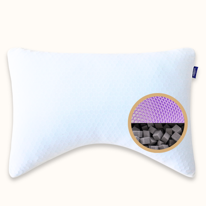 Cushyz bamboo active charcoal memory foam pillow with packaging on a white background, curved design, 28x20 inches