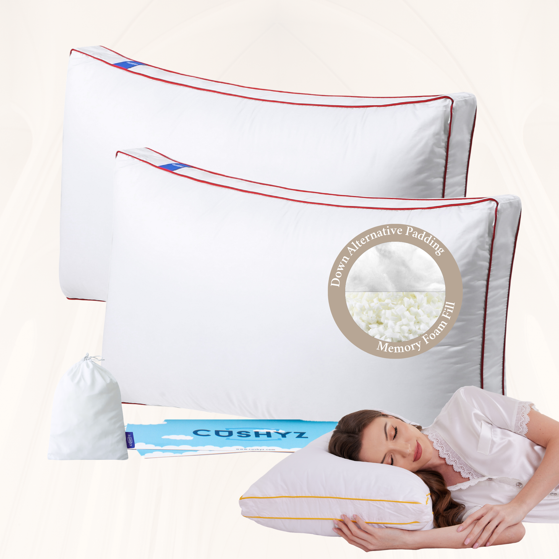 Cushyz Premium Adjustable Memory Foam Pillow. King 34x18, 2-pack, Rectangular, 400TC organic cotton cover, down-alternative