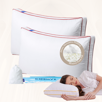 Cushyz Premium Adjustable Memory Foam Pillow. King 34x18, 2-pack, Rectangular, 400TC organic cotton cover, down-alternative