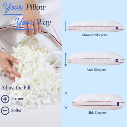 Cushyz Premium Adjustable Memory Foam Pillow with gusseted side design, offering adjustable loft, customizable firmness, and height, suitable for stomach, back, and side sleepers.