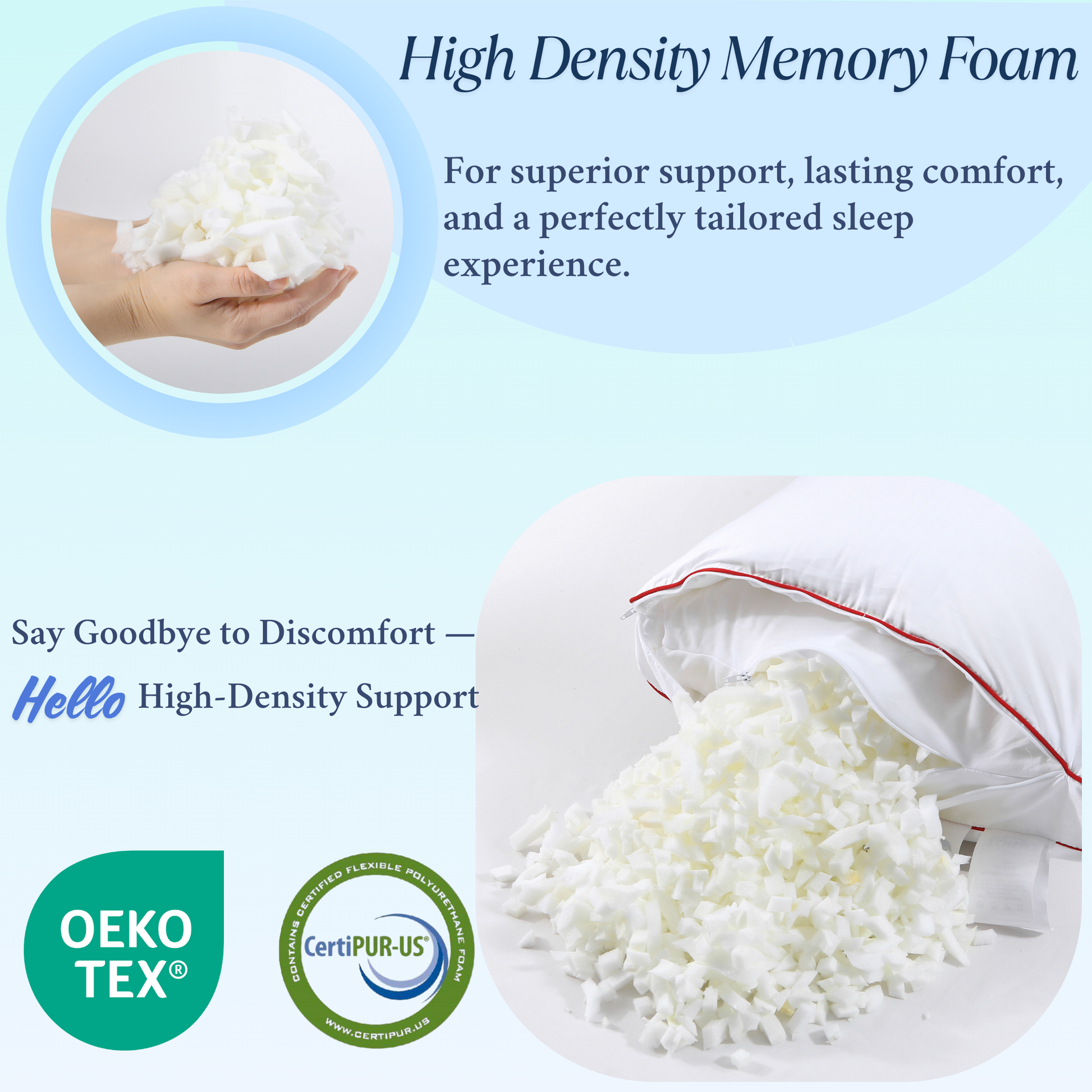 Premium Adjustable Memory Foam Pillow, reusable extra fill pouch, and removable washable cover (memory foam pillow, good pillow). Breathable comfort pillow with OEKO-TEX and CertiPUR-US certification.