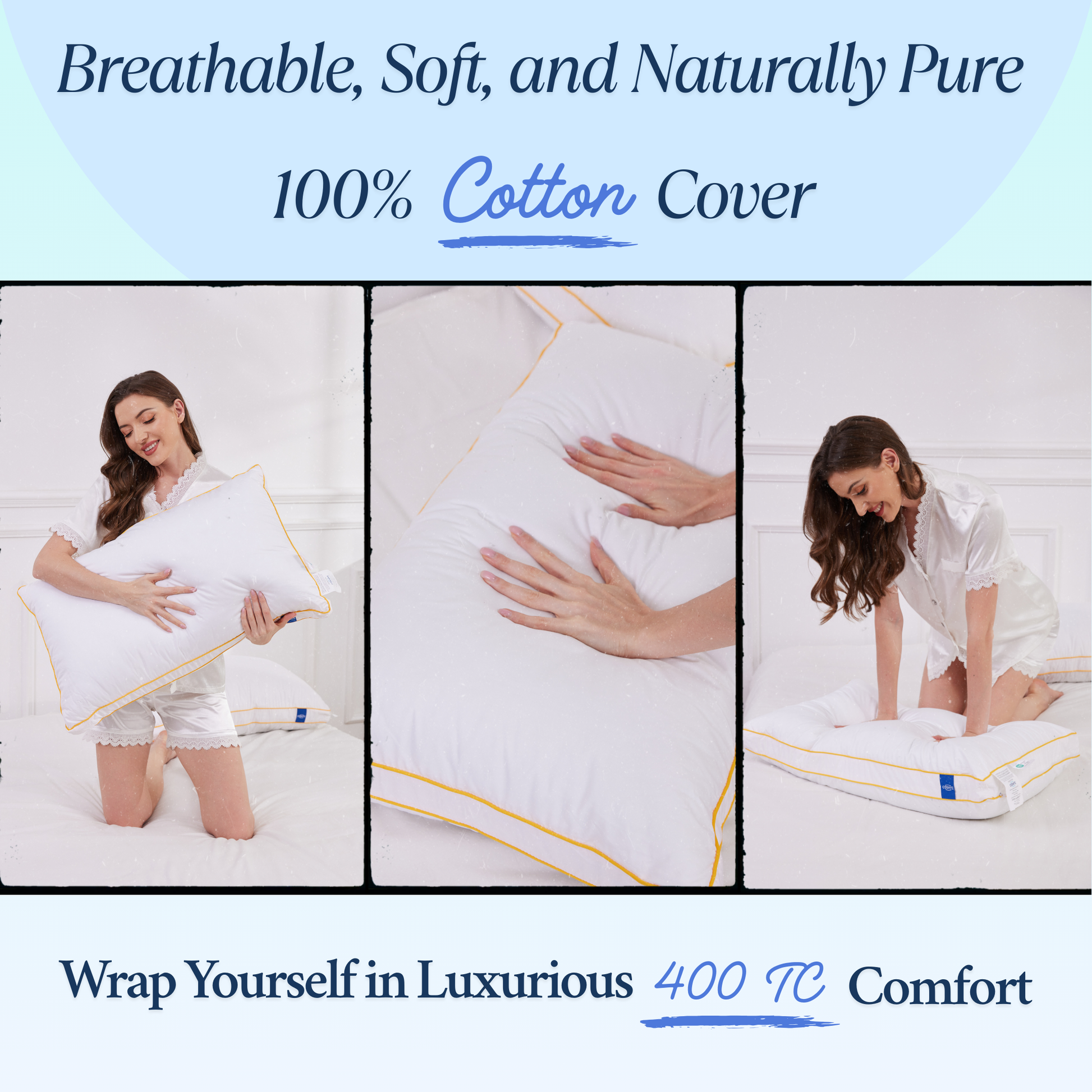 Cushyz Premium Adjustable Memory Foam Pillow with 100% organic cotton cover, highlighting comfort, texture, and stitching quality.