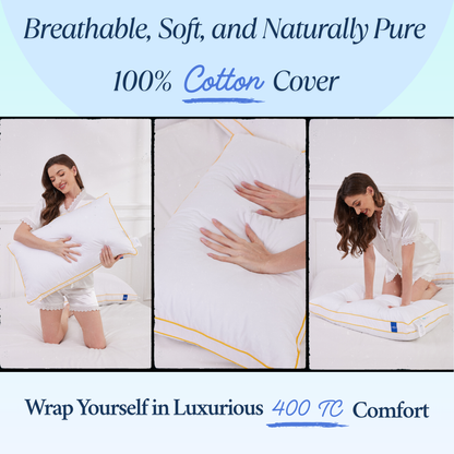 Cushyz Premium Adjustable Memory Foam Pillow with 100% organic cotton cover, highlighting comfort, texture, and stitching quality.