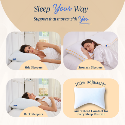 Woman sleeping on Cushyz Curved Adjustable Organic Talalay Latex Pillow for neck pain relief and spinal alignment, suitable for side, back, and stomach sleepers. Pillow with a 3D honeycomb breathable cover.
