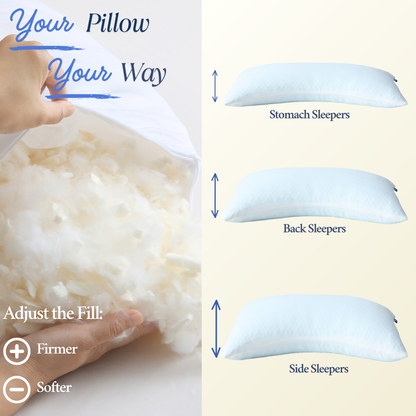 Cushyz Curved Adjustable Organic Talalay Latex Pillow with 3D honeycomb cooling cover, shown from side angle. Customizable loft and firmness for side, back, and stomach sleepers.