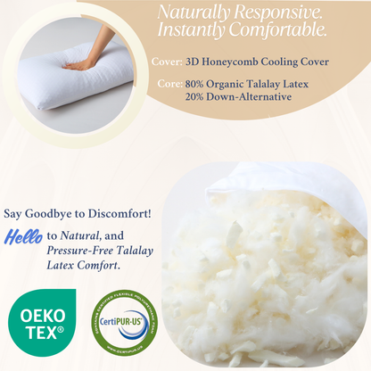 Cushyz Curved Adjustable Organic Talalay Latex Pillow, reusable extra fill pouch, and removable washable cover (organic talalay latex pillow, good pillow). Plush, breathable comfort with OEKO-TEX and CertiPUR-US certified materials, featuring a close-up of fibers.