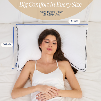 Woman sleeping on a Cushyz Curved Adjustable Organic Talalay Latex Pillow with 3D cooling honeycomb cover, showing size measurements on a white bed. Pillow size 28x20 inches.