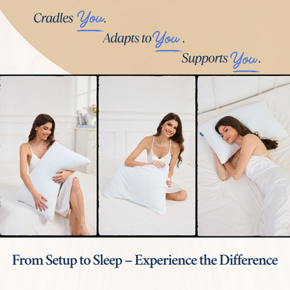 Woman adjusting a Cushyz Curved Organic Talalay Latex Pillow with 3D breathable honeycomb cover, featuring close-ups of pillow texture, stitching, packaging, and in-bed use.