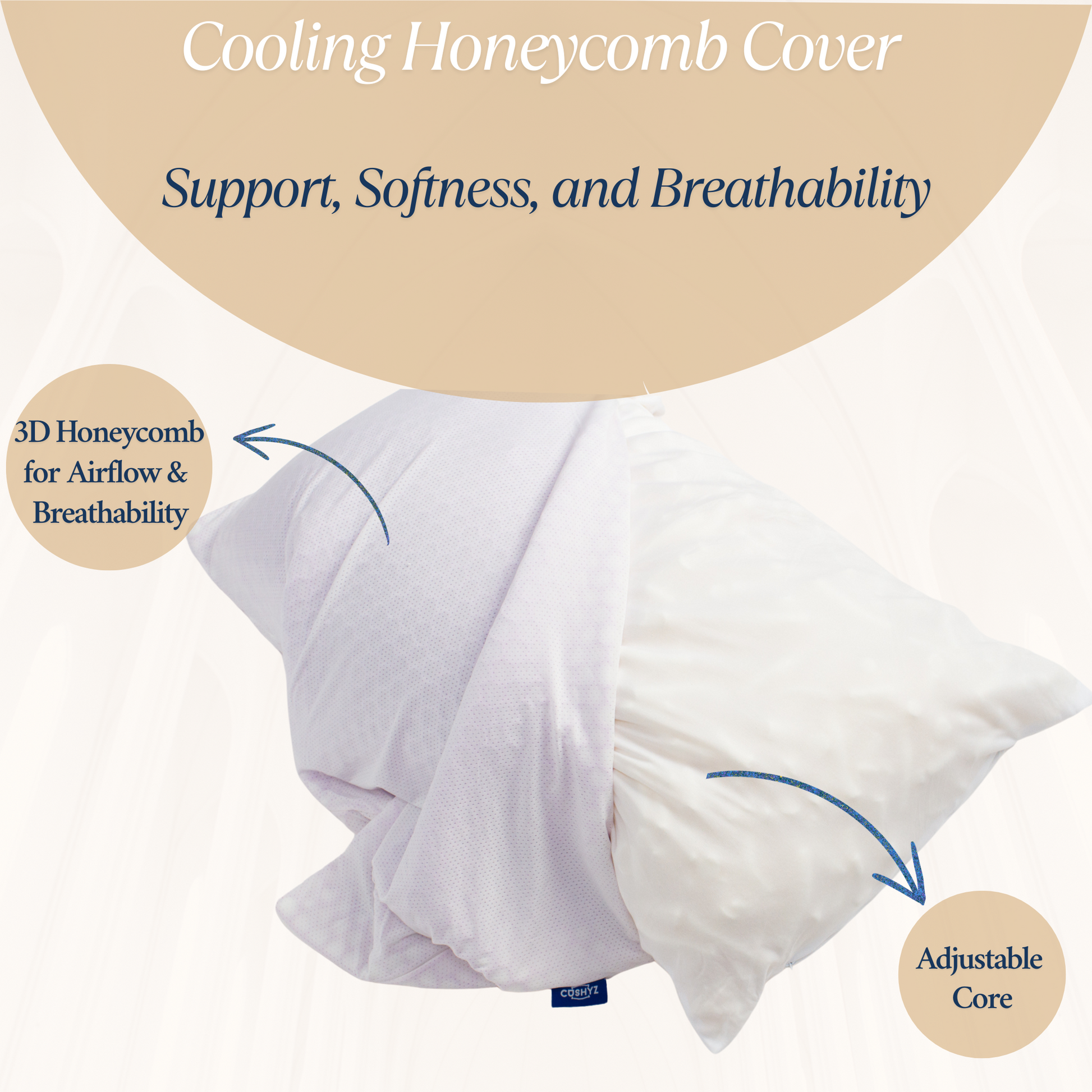 Close-up of Cushyz Cooling 3D Honeycomb Pillow Cover with adjustable organic Talalay latex core.
