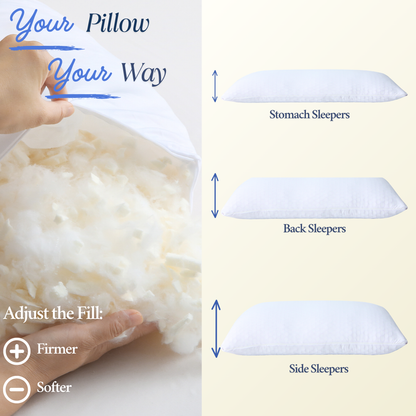 Cushyz Adjustable Organic Talalay Latex Pillow with 3D honeycomb cooling cover, shown from side angle. Customizable loft and firmness for side, back, and stomach sleepers.