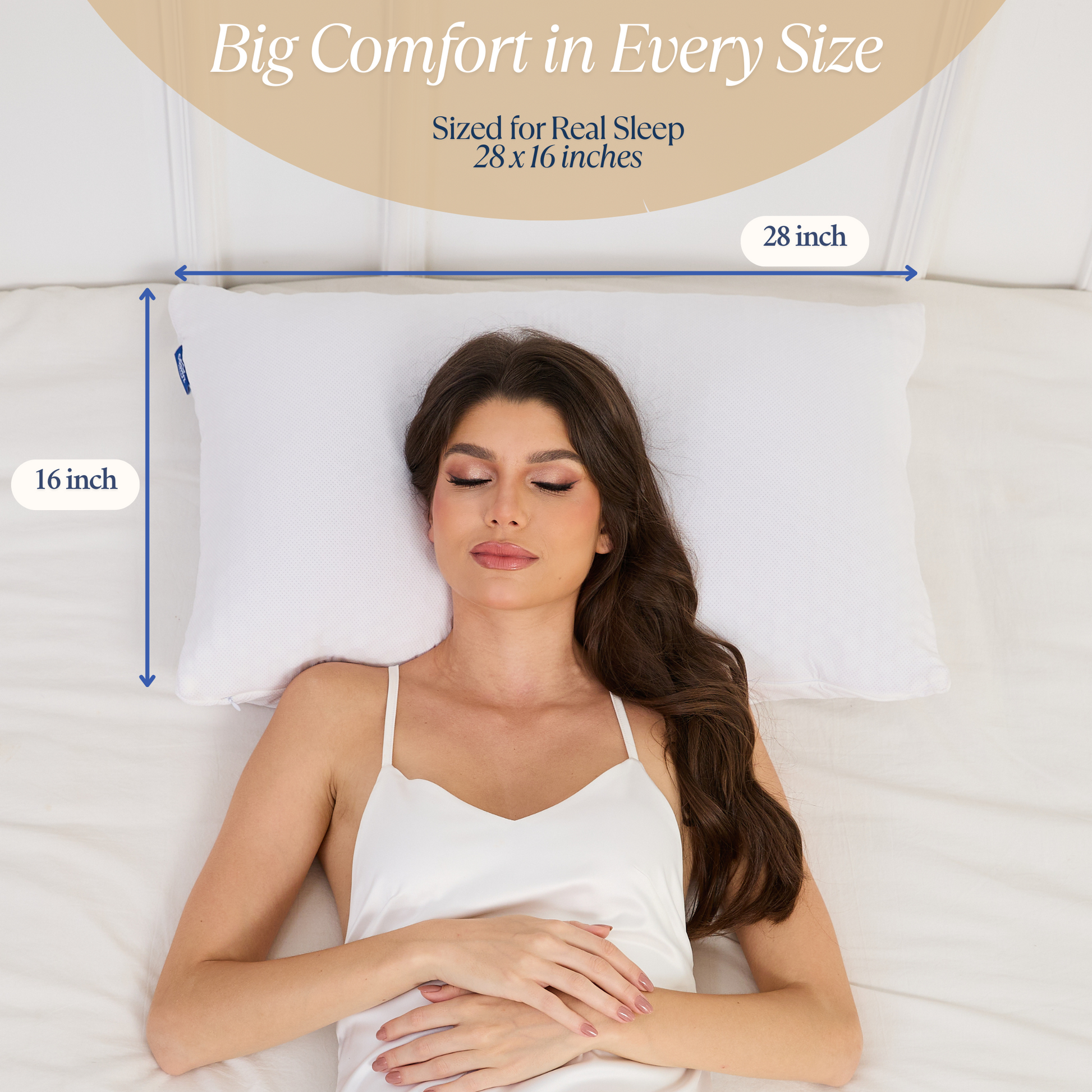 Woman sleeping on a Cushyz Adjustable Organic Talalay Latex Pillow with 3D cooling honeycomb cover, showing size measurements on a white bed. Pillow size 28x16 inches