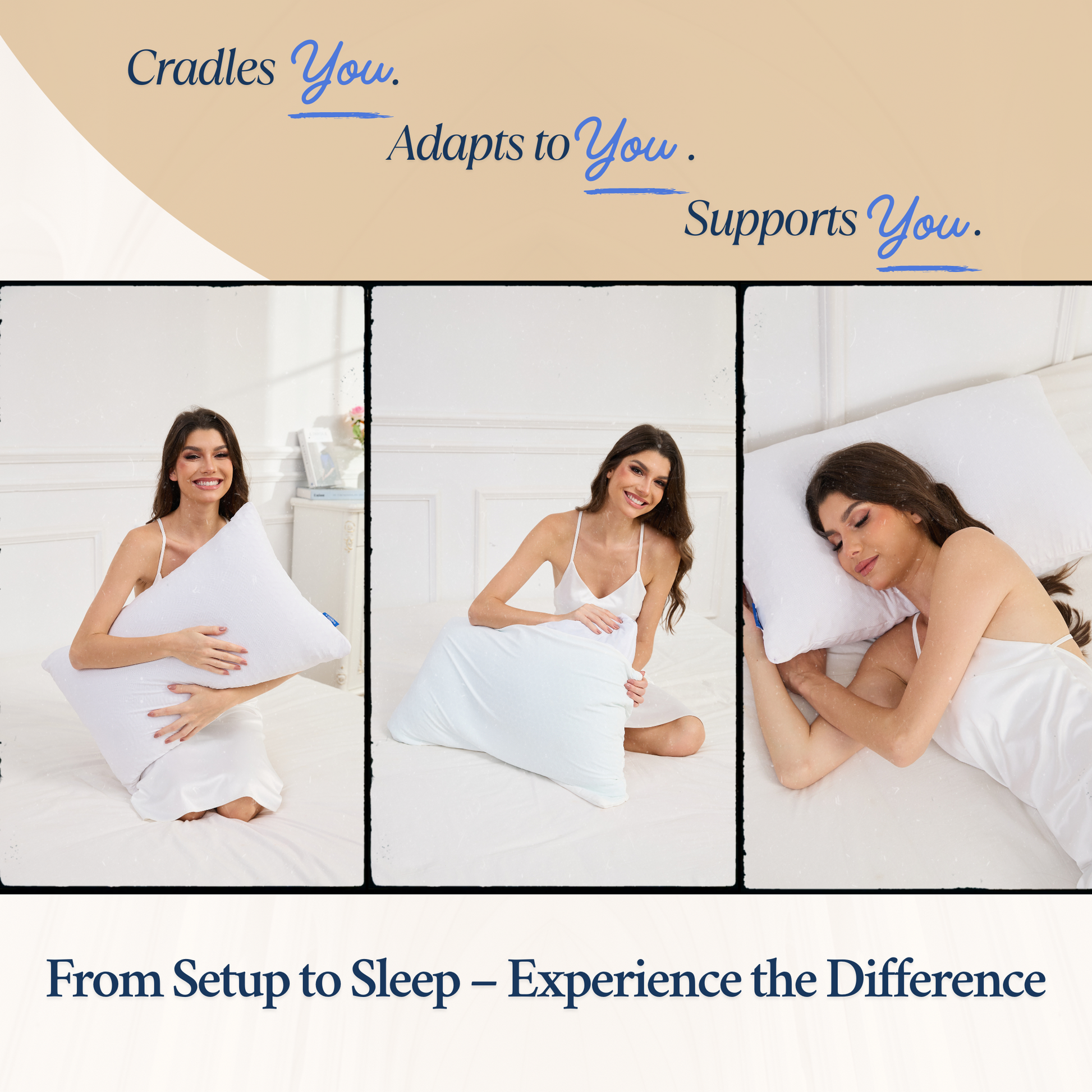 Woman adjusting a Cushyz Organic Talalay Latex Pillow with 3D breathable honeycomb cover, featuring close-ups of pillow texture, stitching, packaging, and in-bed use.