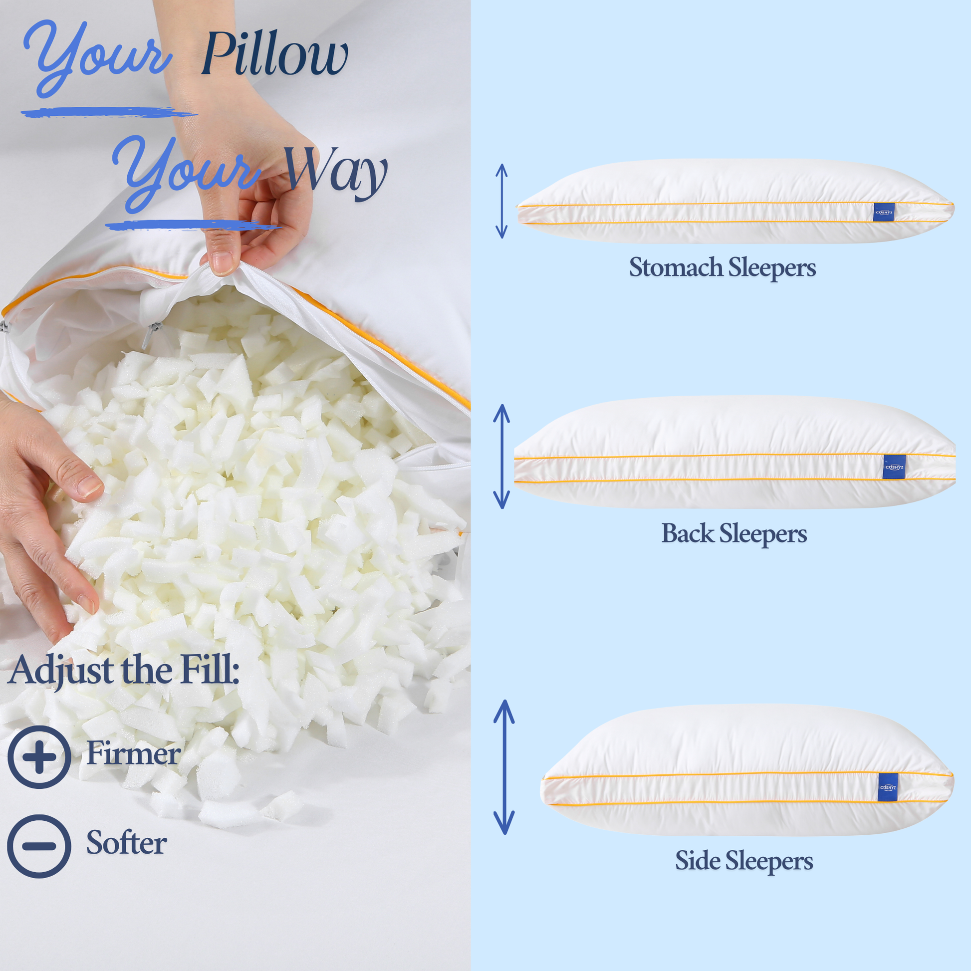 Cushyz Premium Adjustable Memory Foam Pillow with gusseted side design, offering adjustable loft, customizable firmness, and height, suitable for stomach, back, and side sleepers.