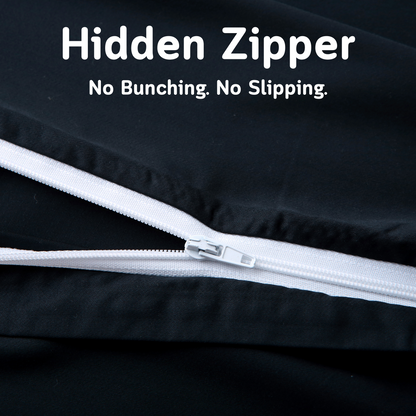 Close-up of hidden zipper on black Cushyz bamboo cooling pillow cover, highlighting secure fit with no bunching or slipping.